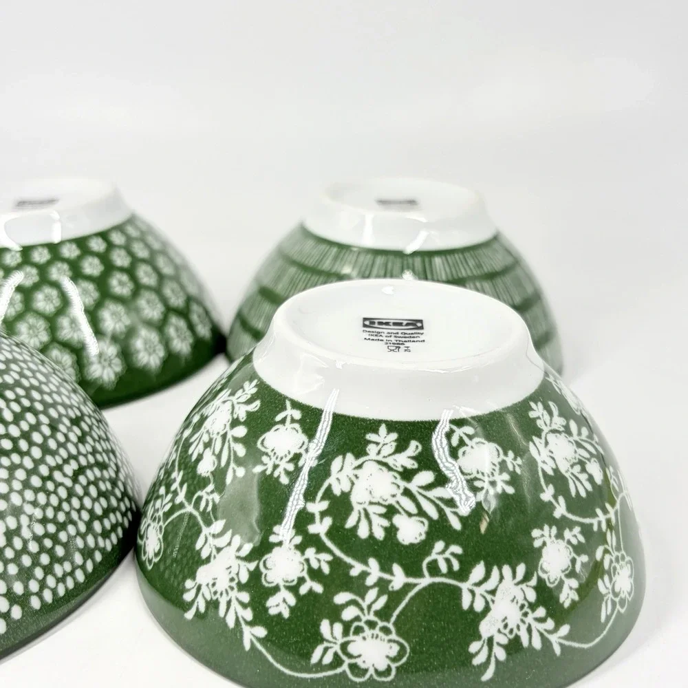 IKEA Entusiasm Mixed Pattern Green Bowls Set of 4 Floral Dot Stripe Soup Cereal